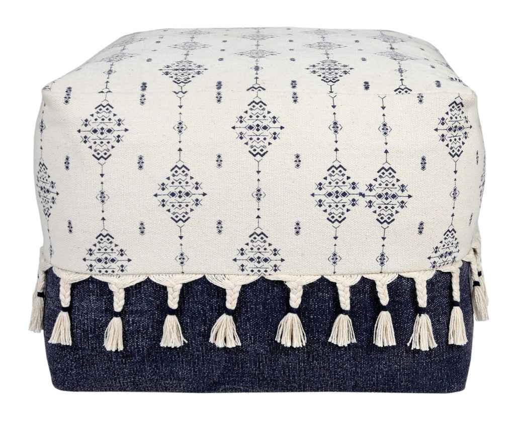 18" Natural And Navy Blue Cotton Medallion Pouf Ottoman