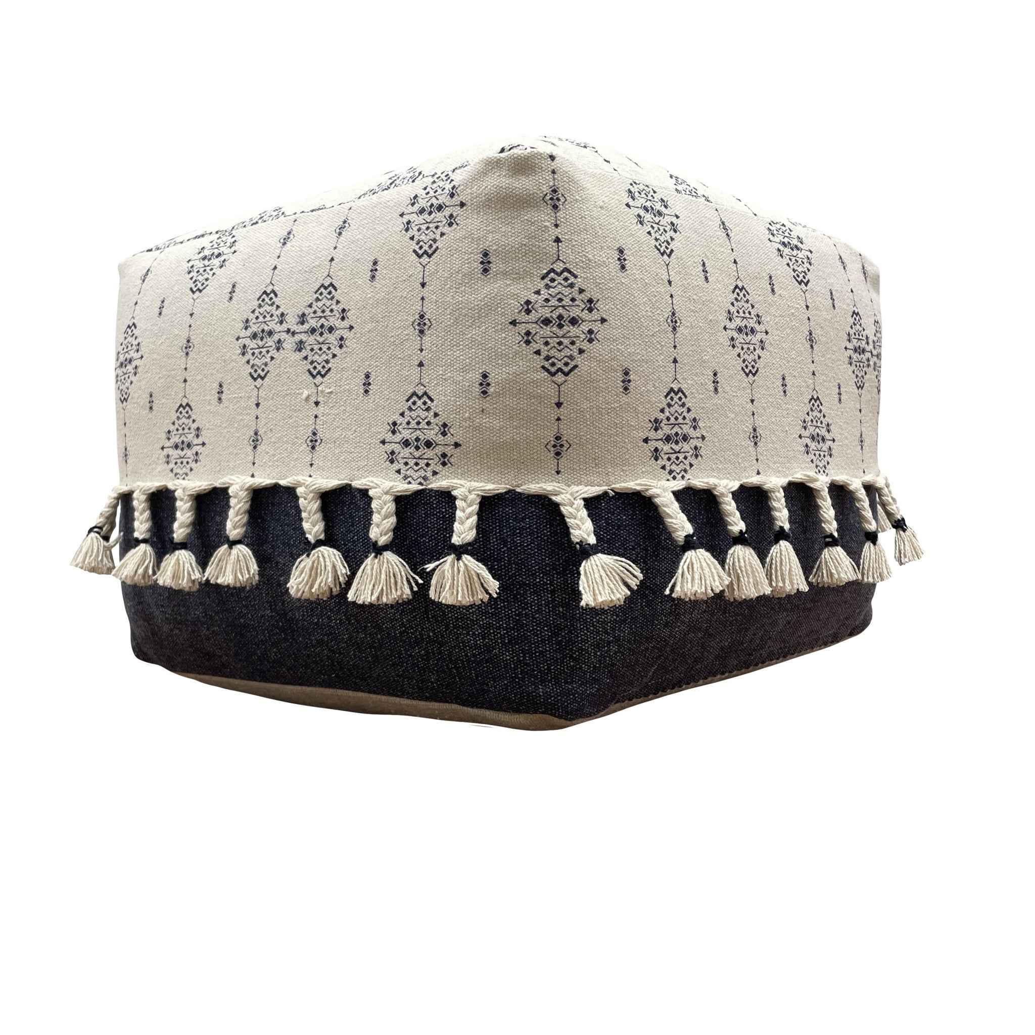 18" Natural And Navy Blue Cotton Medallion Pouf Ottoman