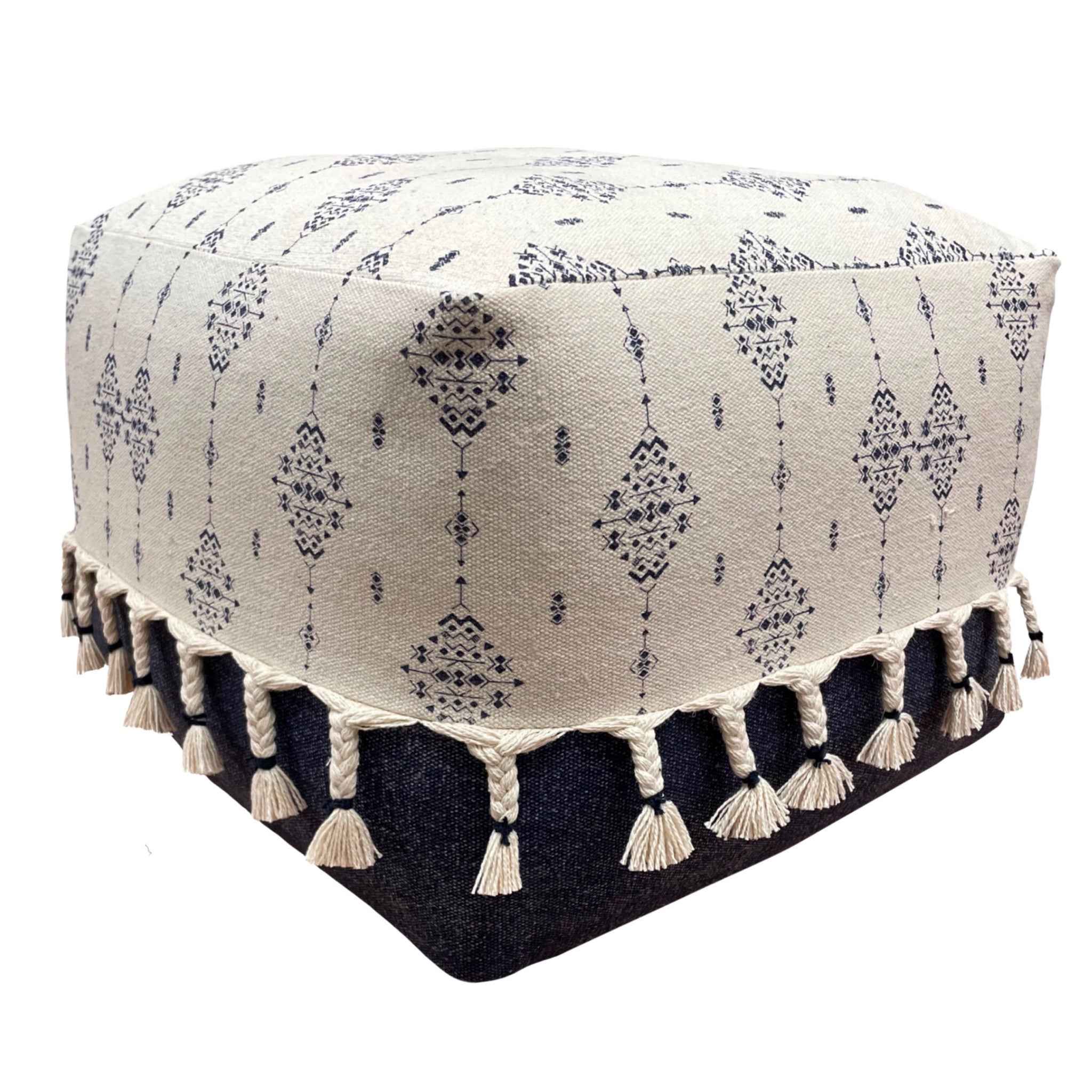 18" Natural And Navy Blue Cotton Medallion Pouf Ottoman