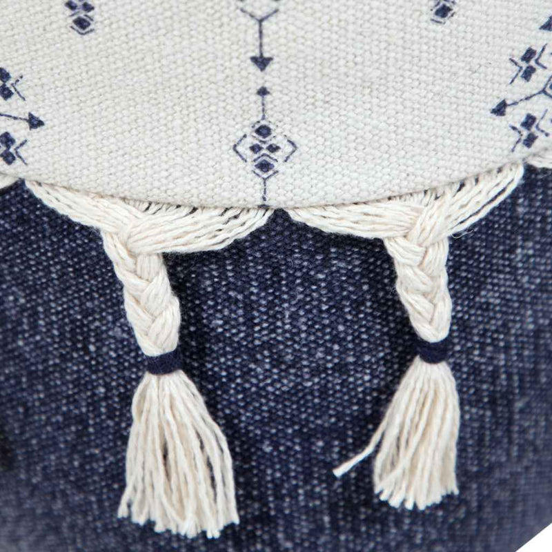 18" Natural And Navy Blue Cotton Medallion Pouf Ottoman