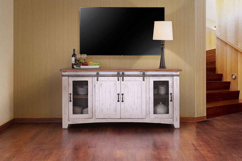 70" White Solid Wood Cabinet Enclosed Storage Distressed TV Stand