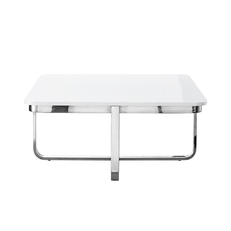 Square white coffee table with chrome-like metal support bar and legs