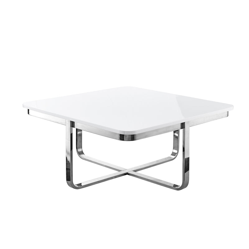White square coffee table with silver X-style metal base and rounded corners