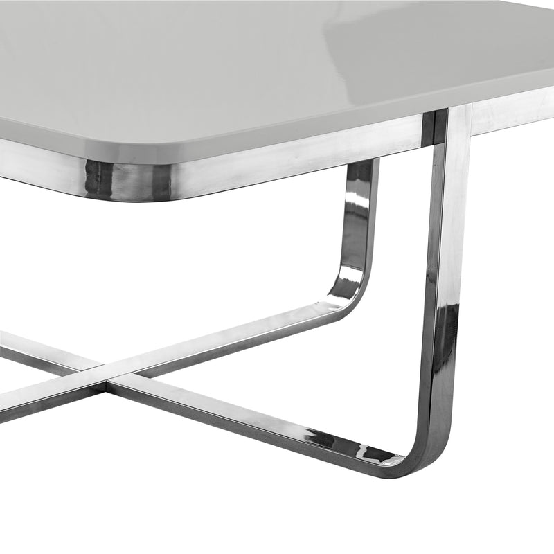 Stainless steel frame with curved chrome legs and light gray tabletop edge