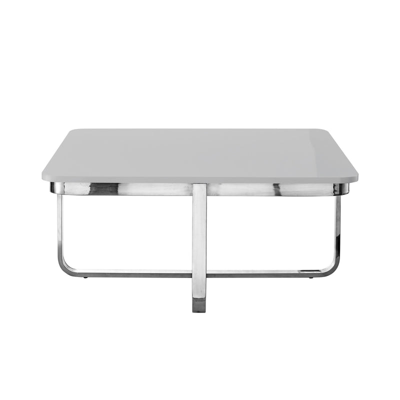 Square coffee table with light gray surface and polished silver metal base