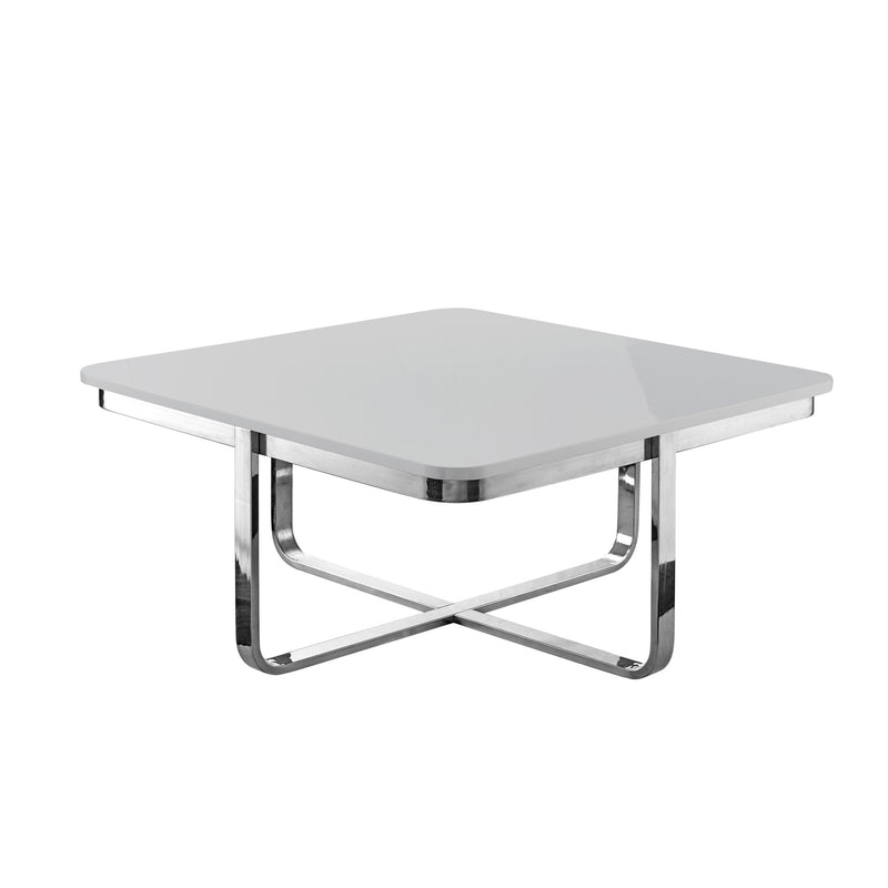 Square coffee table with light gray top and crossed chrome leg design