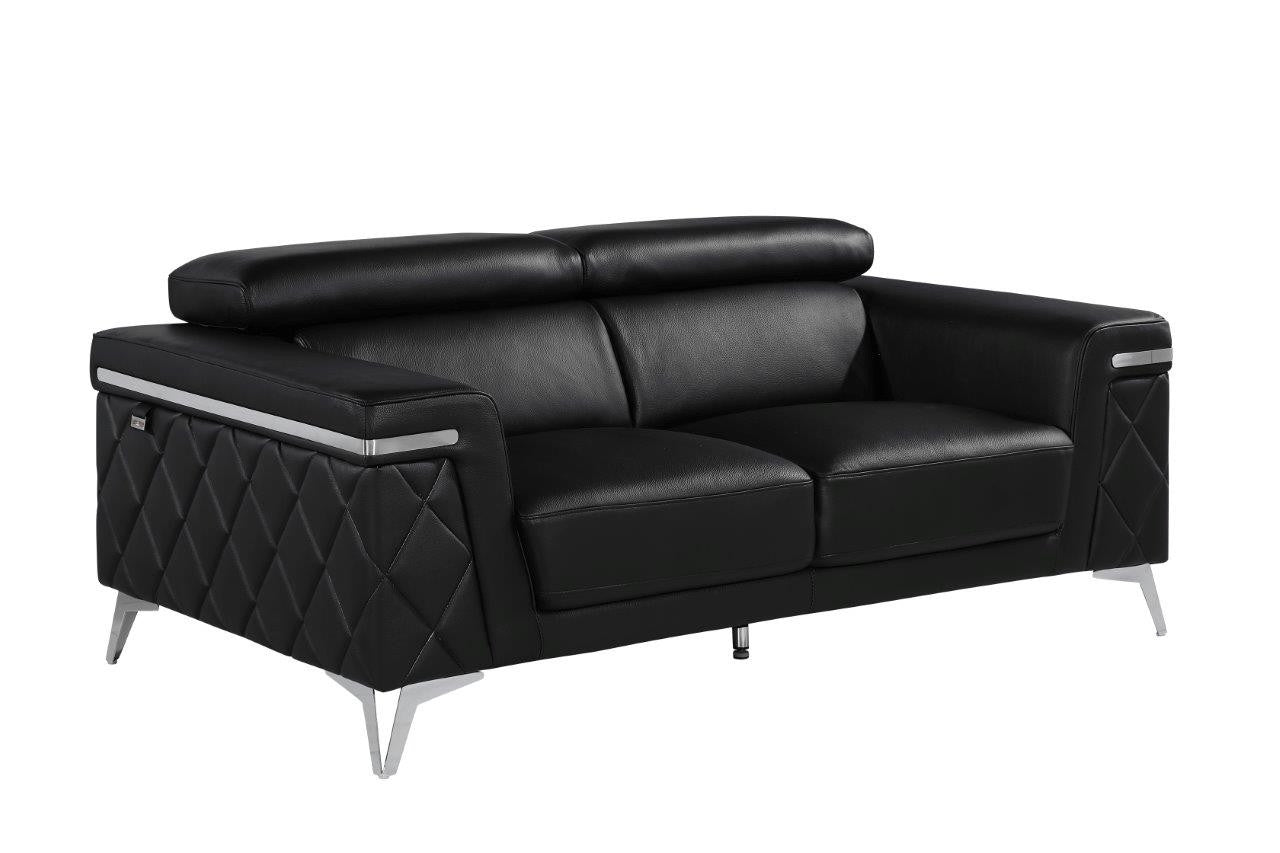 70" Black And Silver Metallic Top Grain Leather Loveseat - Living Room