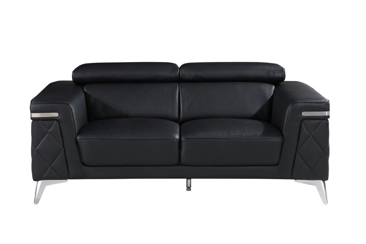 70" Black And Silver Metallic Top Grain Leather Loveseat - Living Room