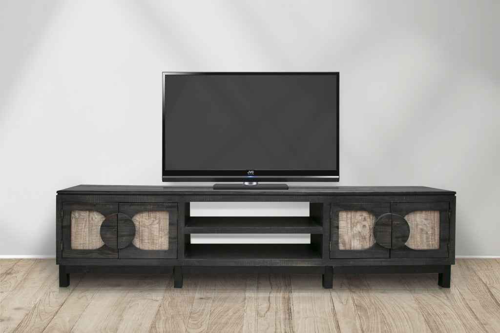 93" Black Solid Wood Cabinet Enclosed Storage Distressed TV Stand