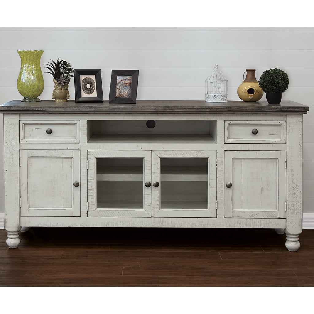 70" Ivory Solid Wood Enclosed Storage Distressed TV Stand