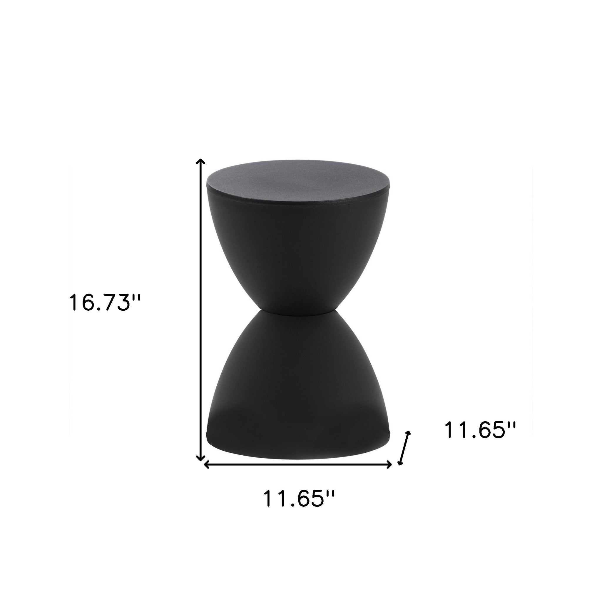 Hourglass side table with dimension diagram showing 16.73 in height and 11.65 in width.