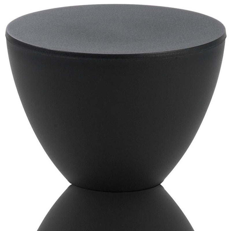 Matte black plastic hourglass tabletop with smooth round top surface.