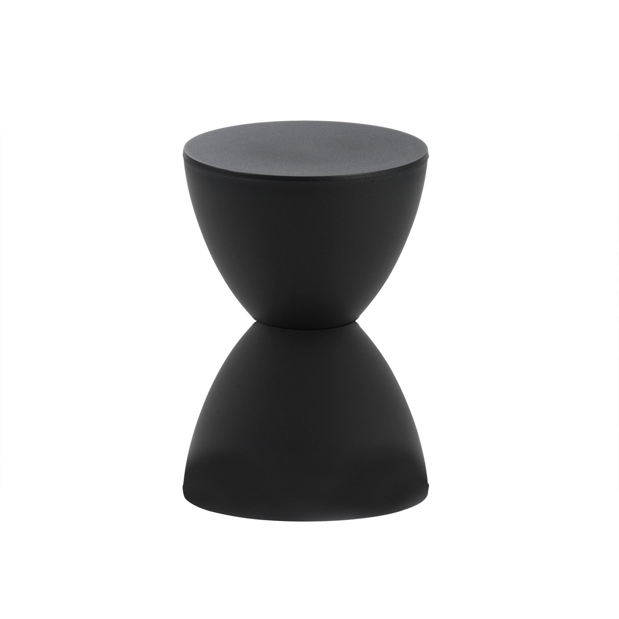 Black hourglass side table with round tabletop and two-tier tapered pedestal.