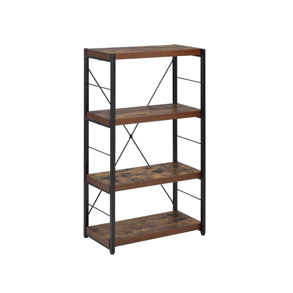 43" Black And Brown Distressed Metal and Wood Three Tier Etagere Bookcase - Office