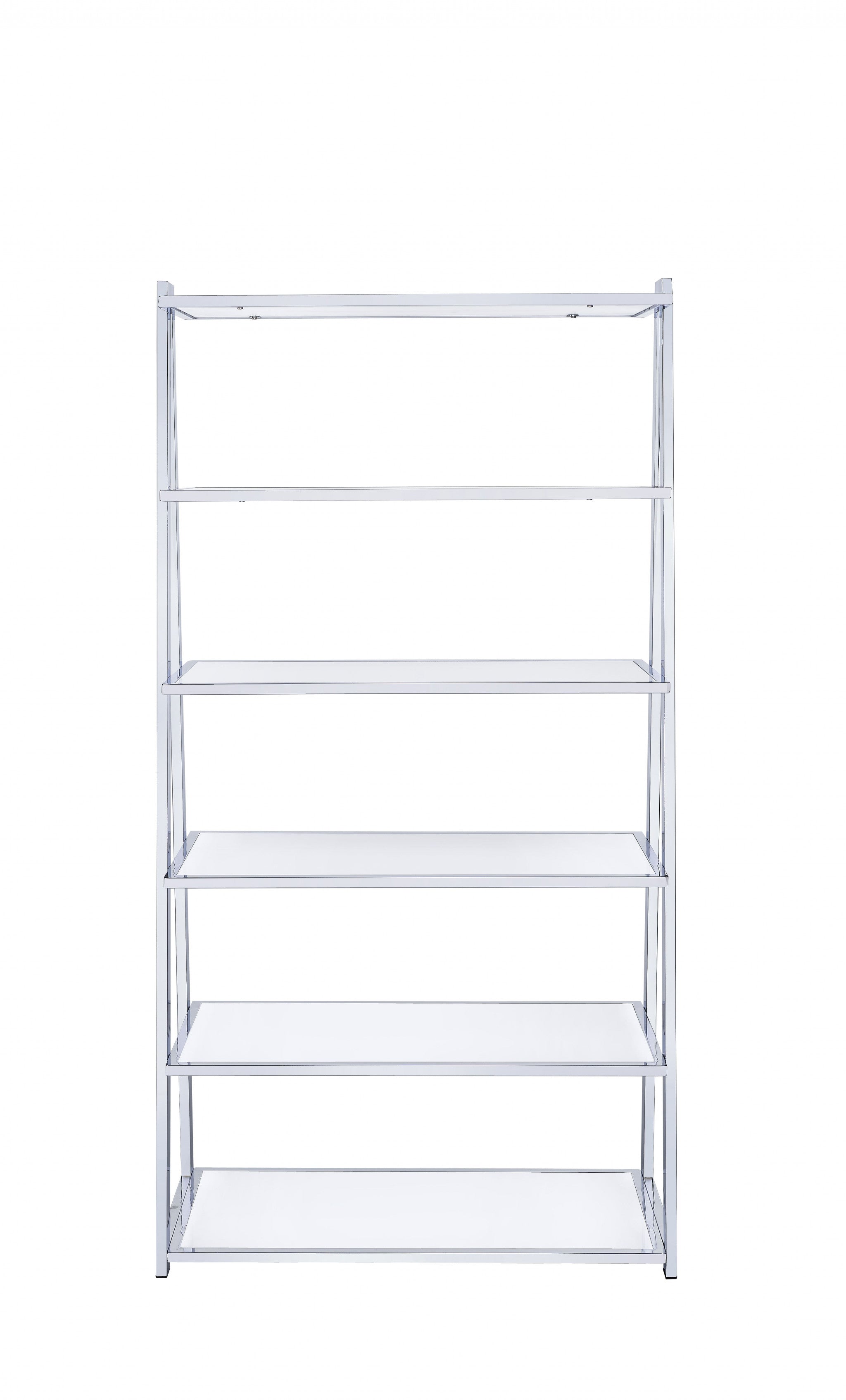White And Silver Metal and Glass Five Tier Ladder Bookcase - Office