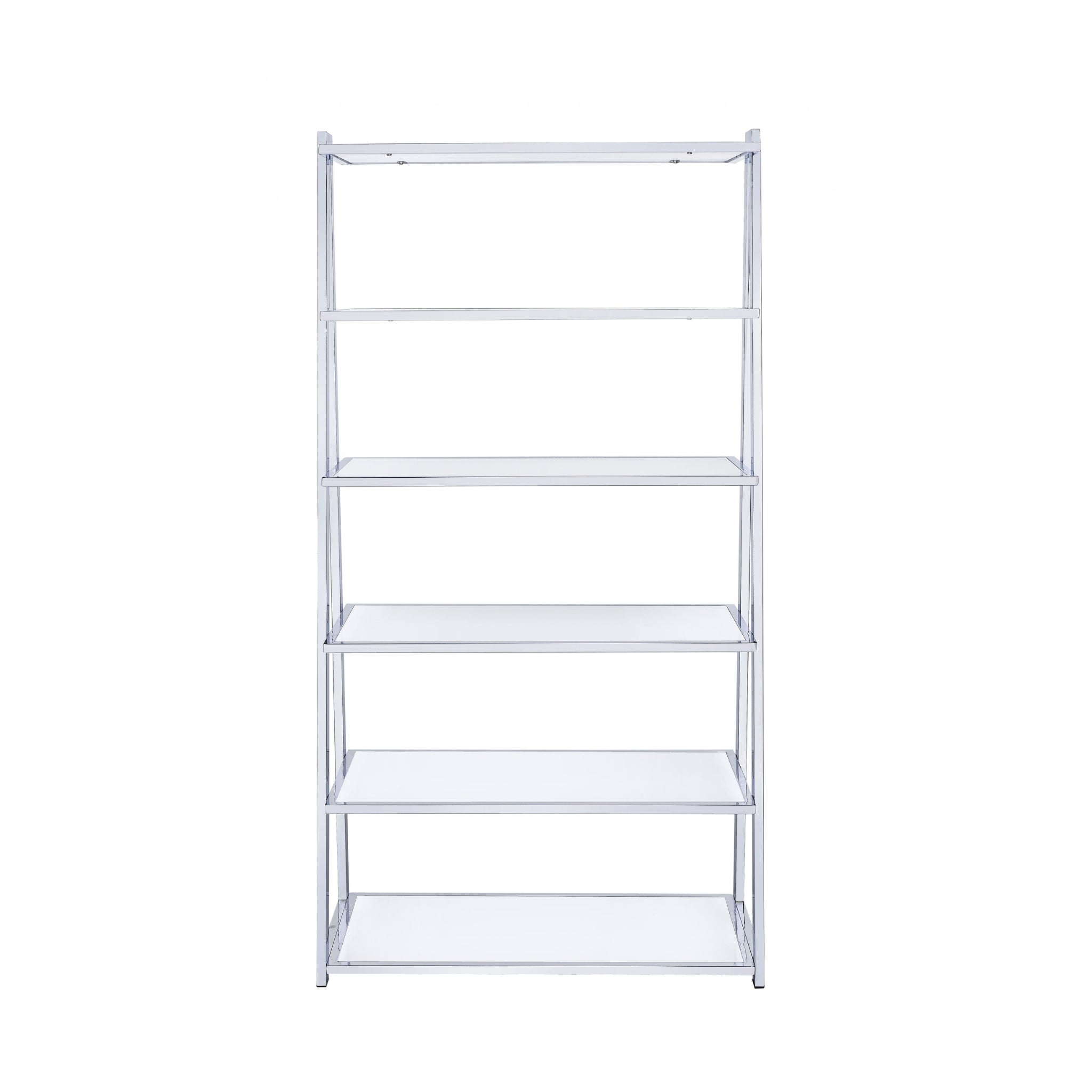 White And Silver Metal and Glass Five Tier Ladder Bookcase - Office