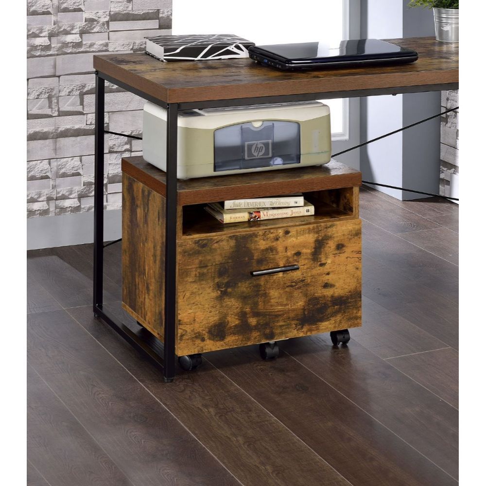 19" Brown And Black Rustic Wood Single Drawer Rolling Filing Cabinet - Office