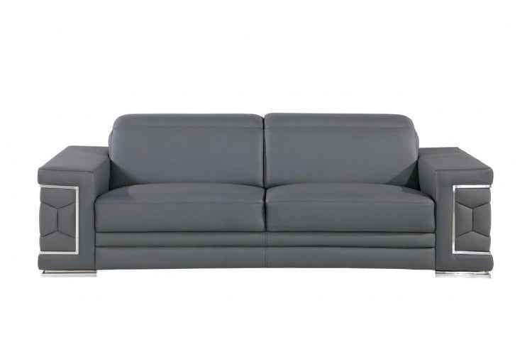 89" Gray Leather Sofa With Silver Legs