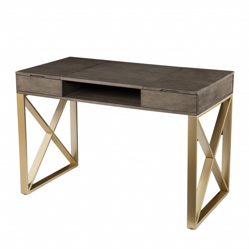 45" Gray and Gold Wood Sled With Two Drawers - Office