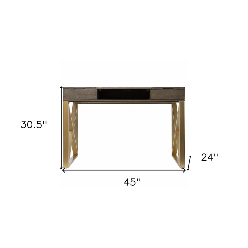 45" Gray and Gold Wood Sled With Two Drawers - Office