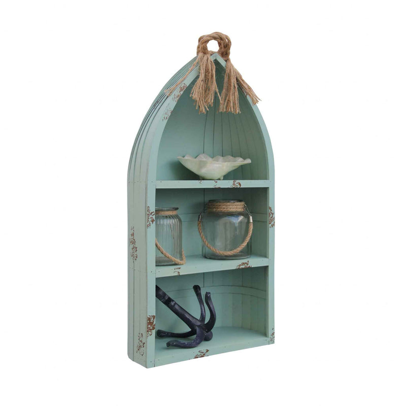 34" Aqua Blue Wood Canoe Hanging Shelf