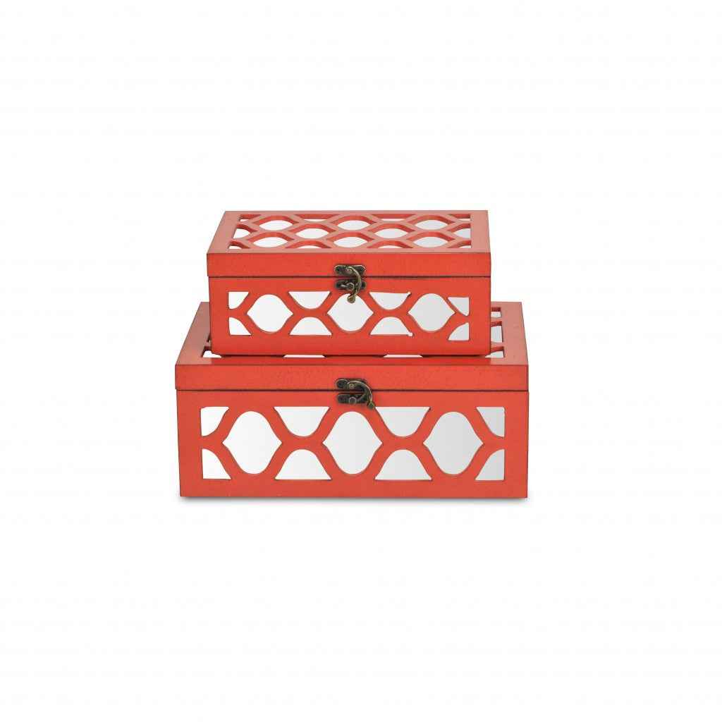 Set of Two Orange Mirrored Glass And Solid Wood Box With Lid