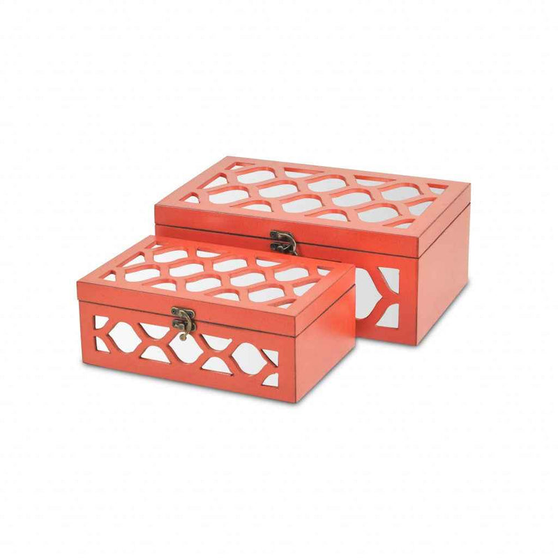 Set of Two Orange Mirrored Glass And Solid Wood Box With Lid