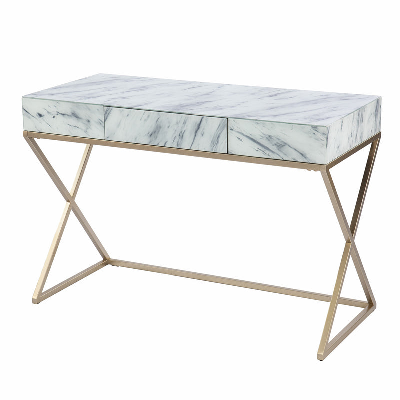 45" White and Bronze Glass and Iron Sled With Two Drawers - Office