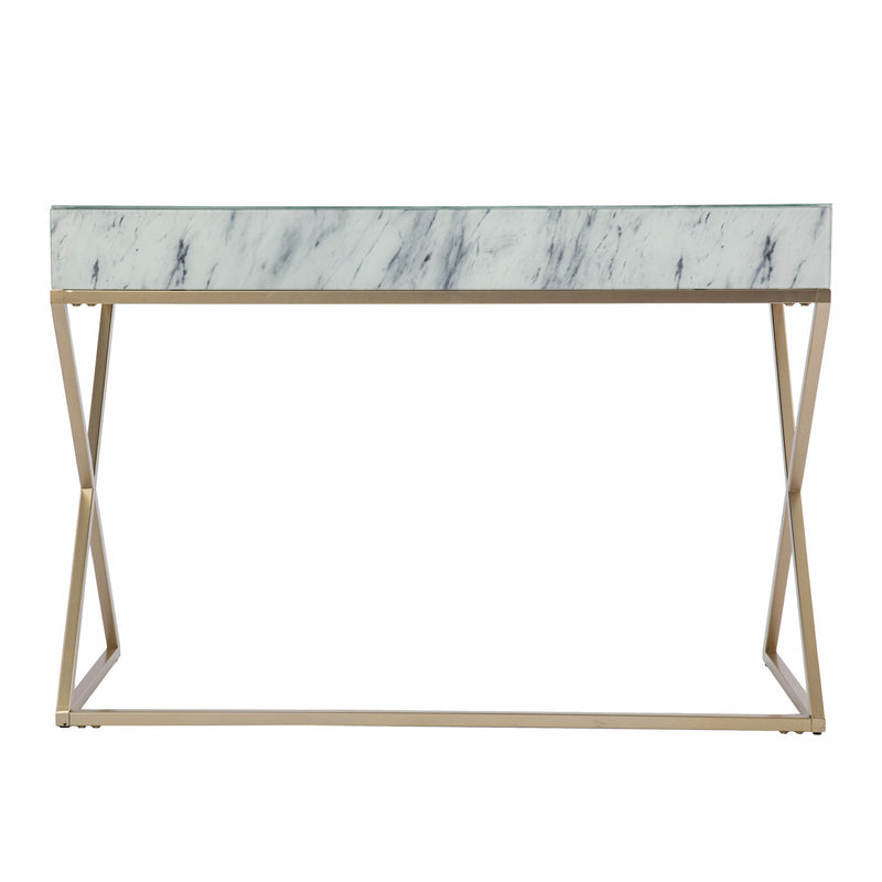 45" White and Bronze Glass and Iron Sled With Two Drawers - Office
