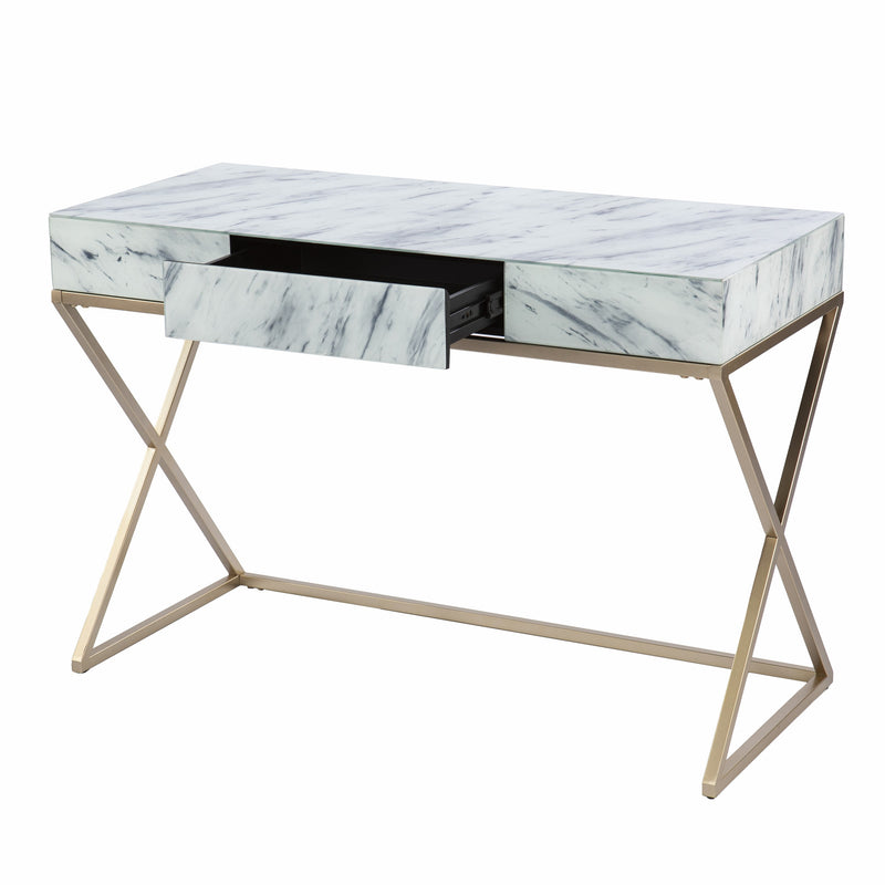 45" White and Bronze Glass and Iron Sled With Two Drawers - Office