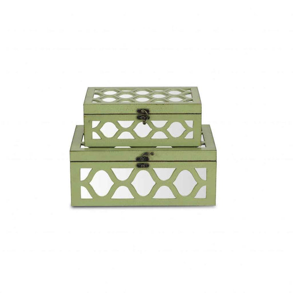 Set of Two Green Mirrored Glass And Solid Wood Box With Lid Default Title