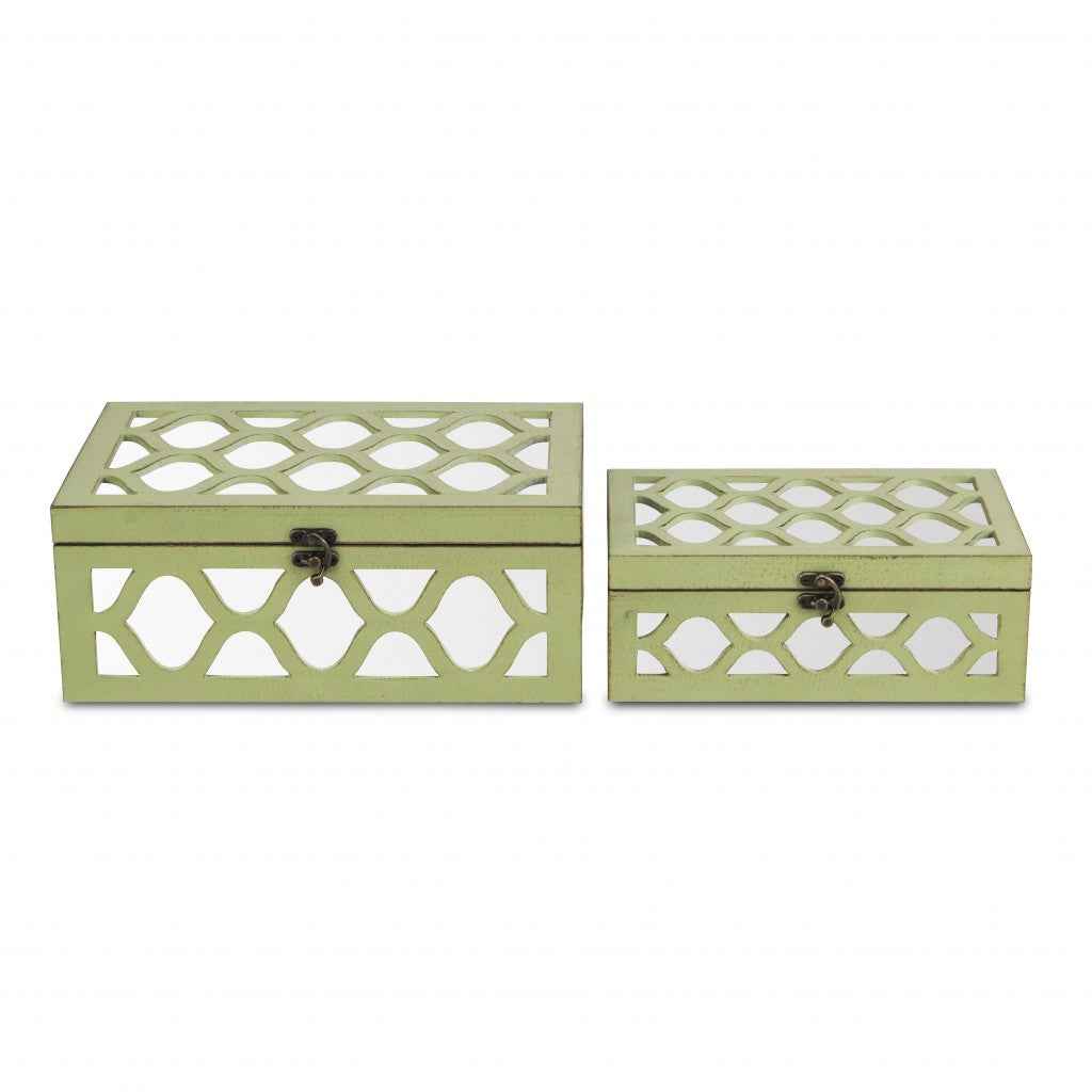 Set of Two Green Mirrored Glass And Solid Wood Box With Lid