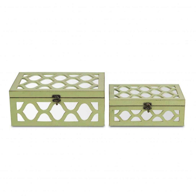 Set of Two Green Mirrored Glass And Solid Wood Box With Lid
