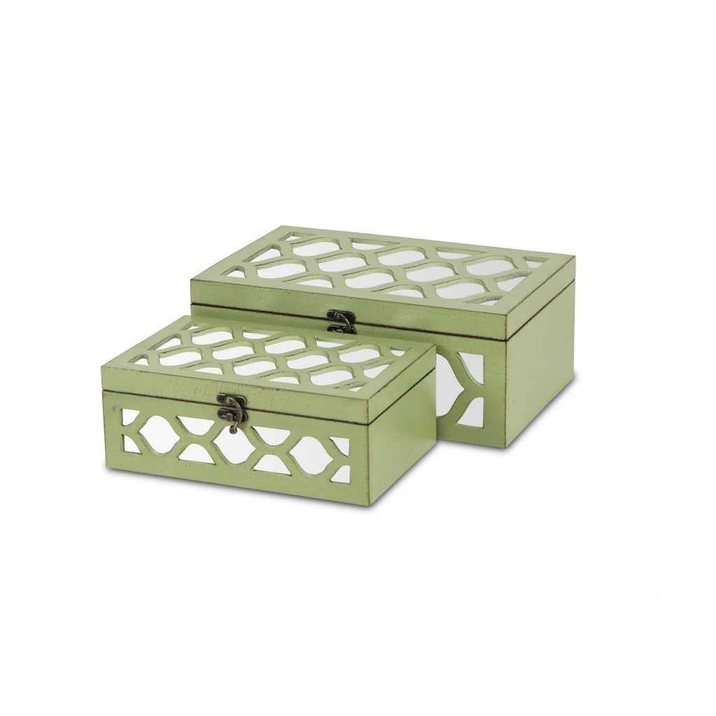 Set of Two Green Mirrored Glass And Solid Wood Box With Lid