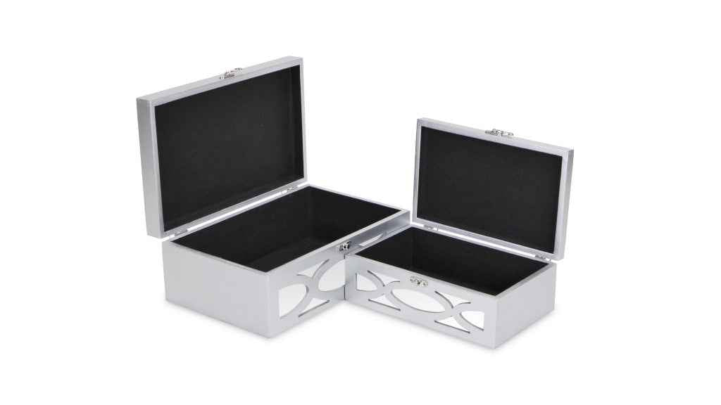 Set of Two Silver Mirrored Glass And Wood Box With Lid