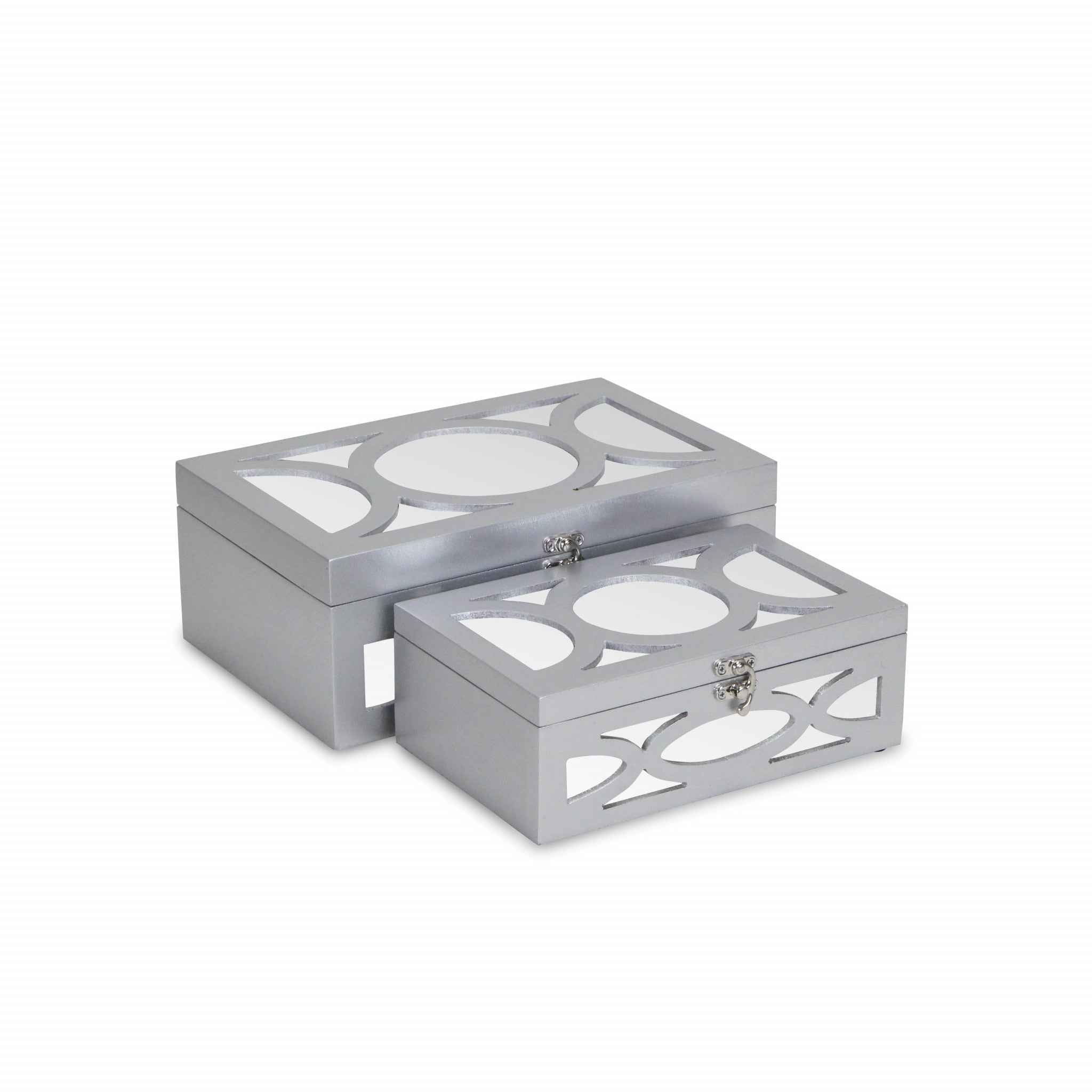 Set of Two Silver Mirrored Glass And Wood Box With Lid