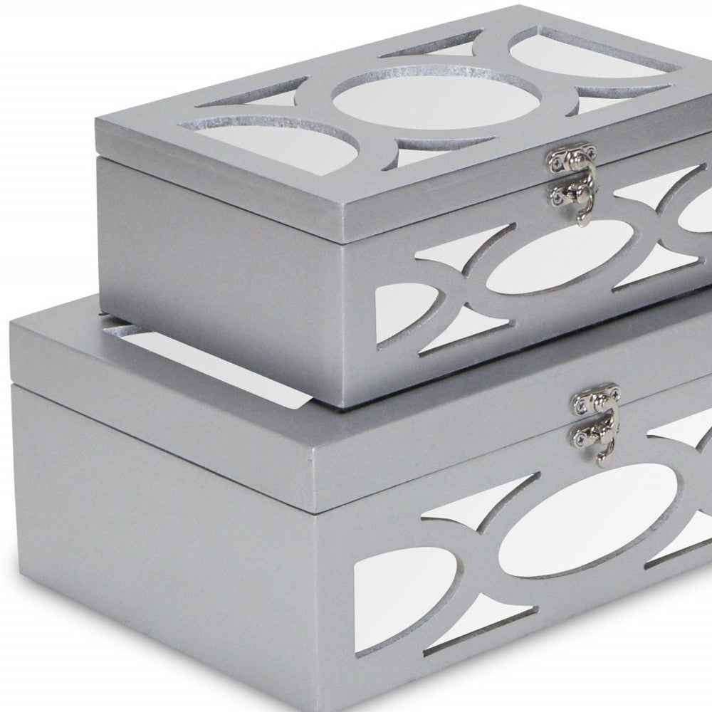 Set of Two Silver Mirrored Glass And Wood Box With Lid
