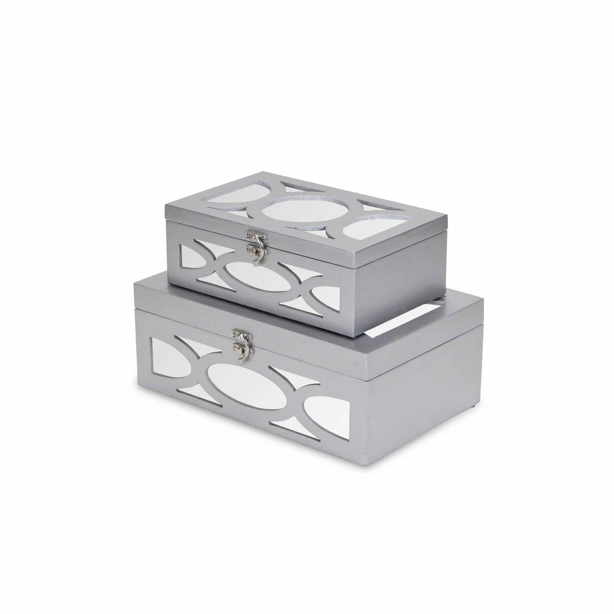 Set of Two Silver Mirrored Glass And Wood Box With Lid