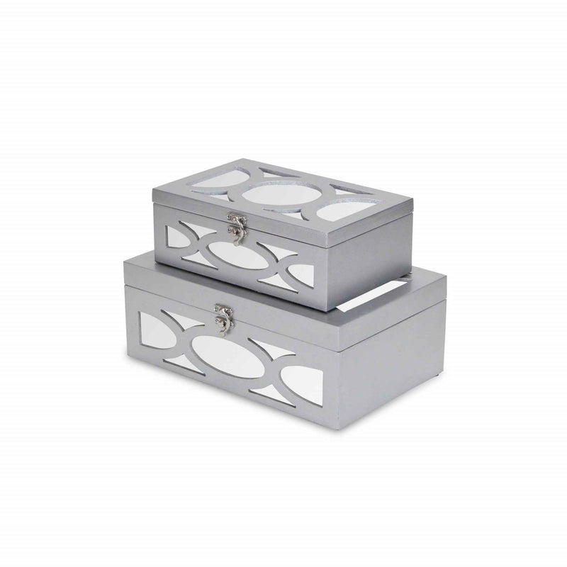 Set of Two Silver Mirrored Glass And Wood Box With Lid