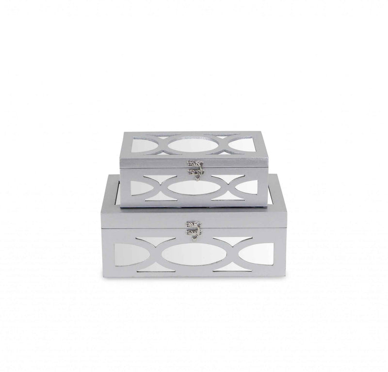 Set of Two Silver Mirrored Glass And Wood Box With Lid