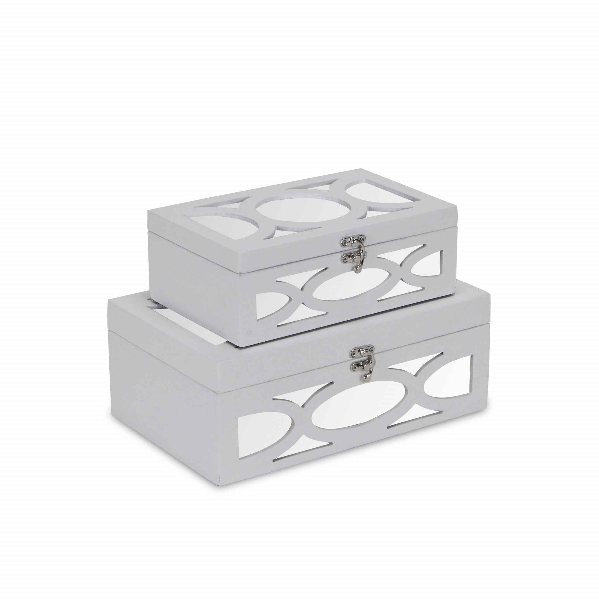 Set of Two White Mirrored Glass And Wood Box With Lid