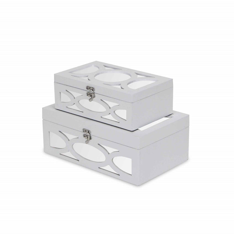 Set of Two White Mirrored Glass And Wood Box With Lid