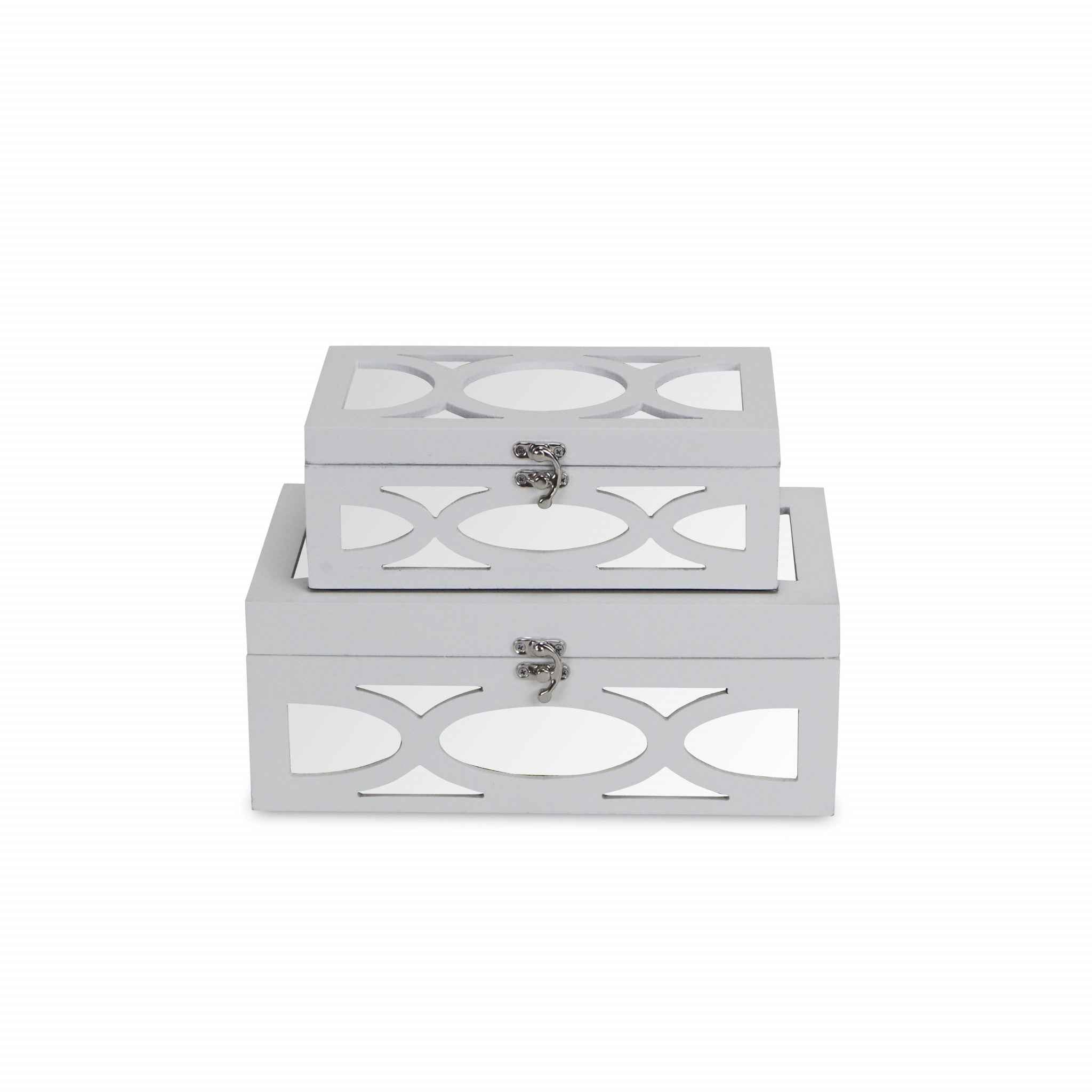 Set of Two White Mirrored Glass And Wood Box With Lid