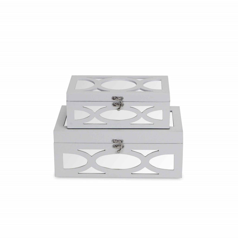 Set of Two White Mirrored Glass And Wood Box With Lid