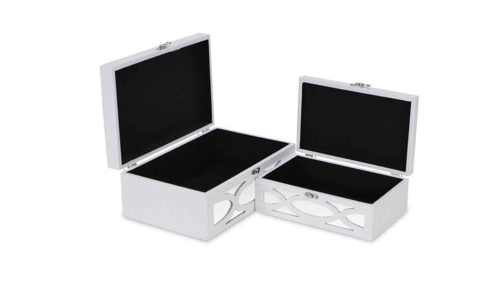 Set of Two White Mirrored Glass And Wood Box With Lid