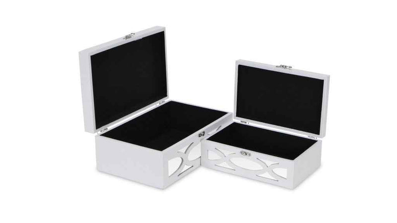 Set of Two White Mirrored Glass And Wood Box With Lid