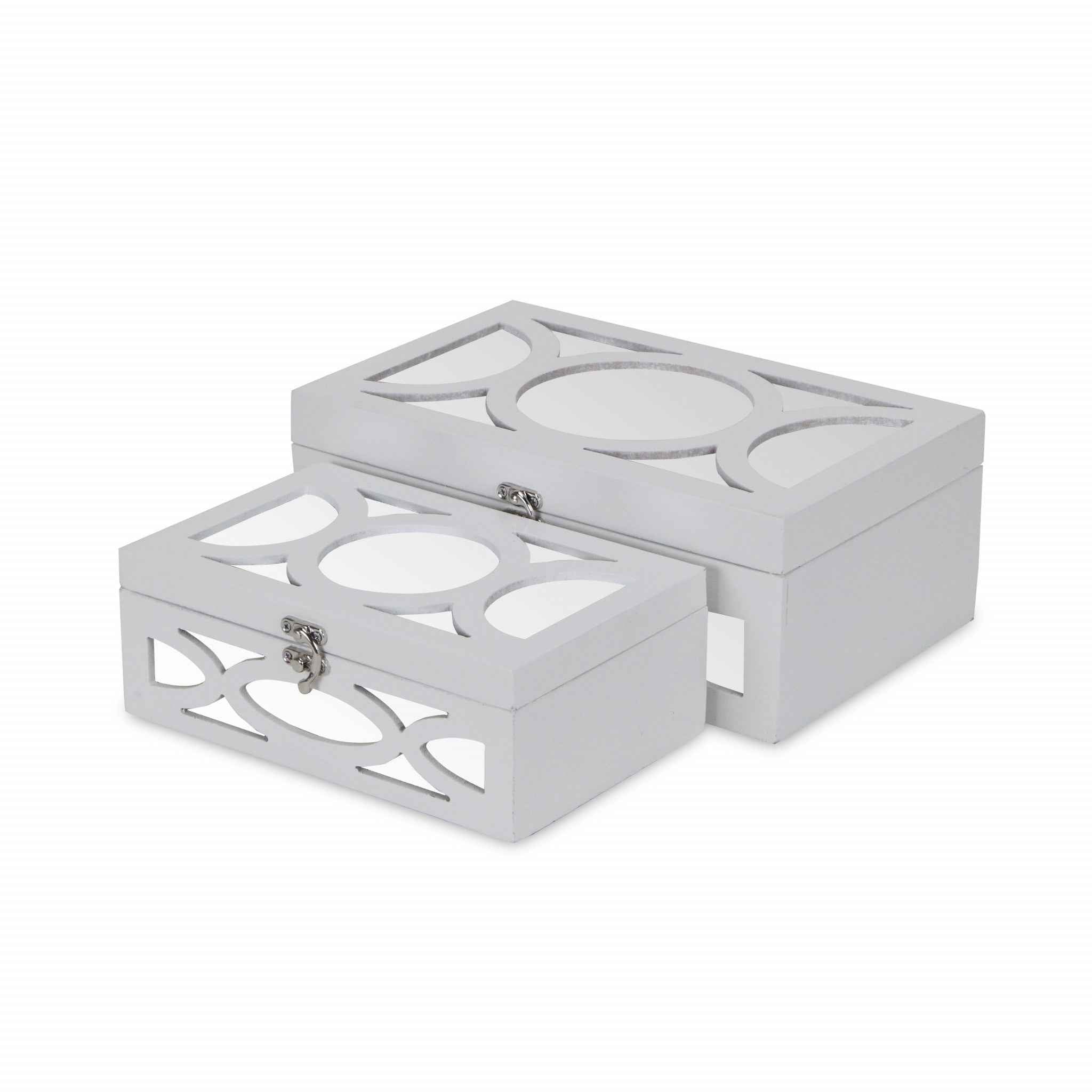 Set of Two White Mirrored Glass And Wood Box With Lid