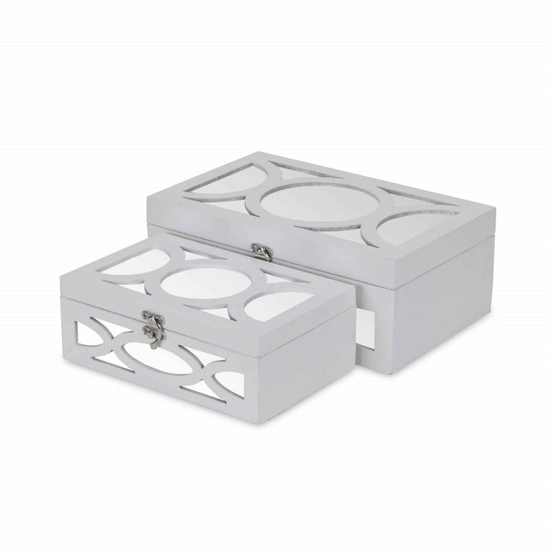 Set of Two White Mirrored Glass And Wood Box With Lid