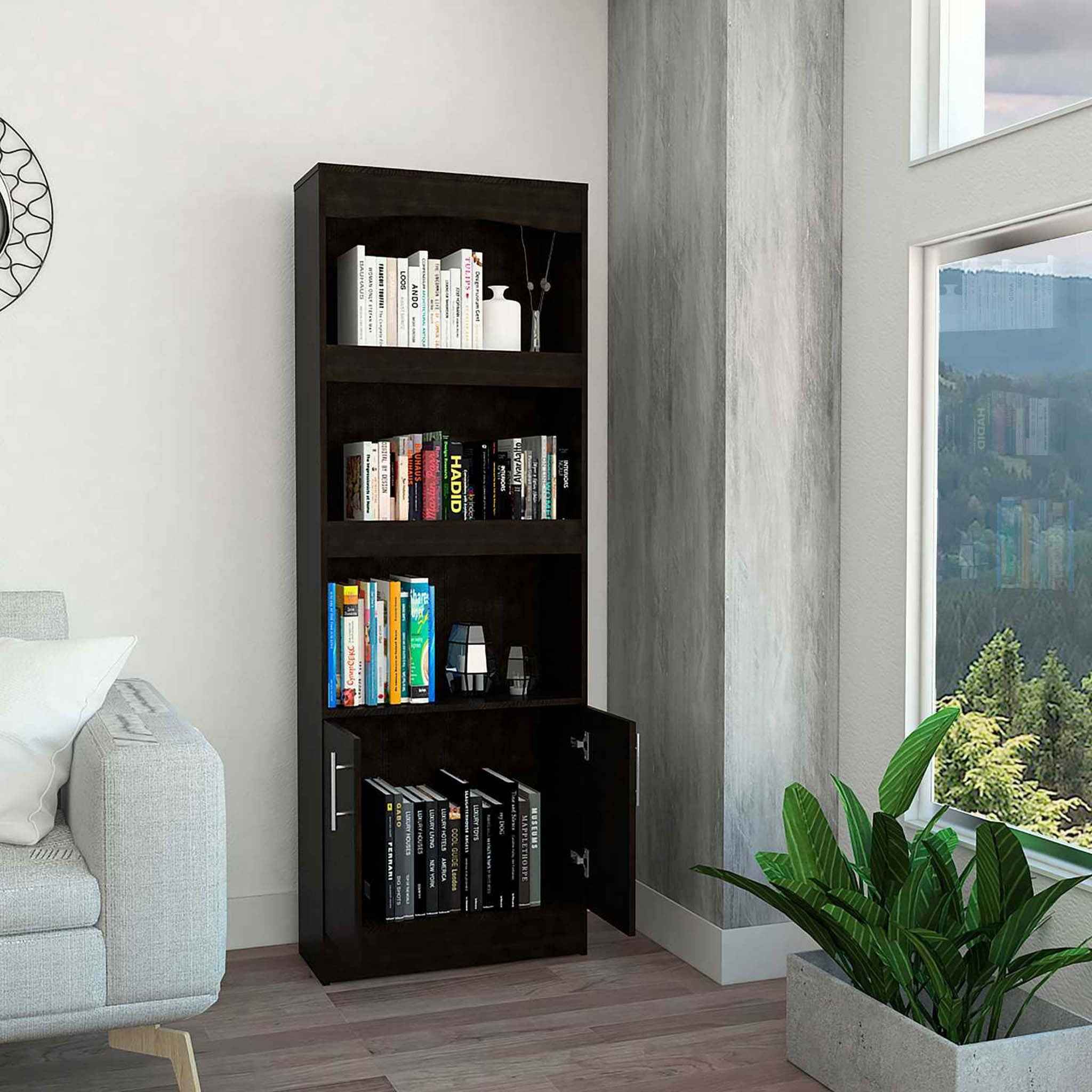71" Light Gray Wood Three Tier Bookcase with Two Doors