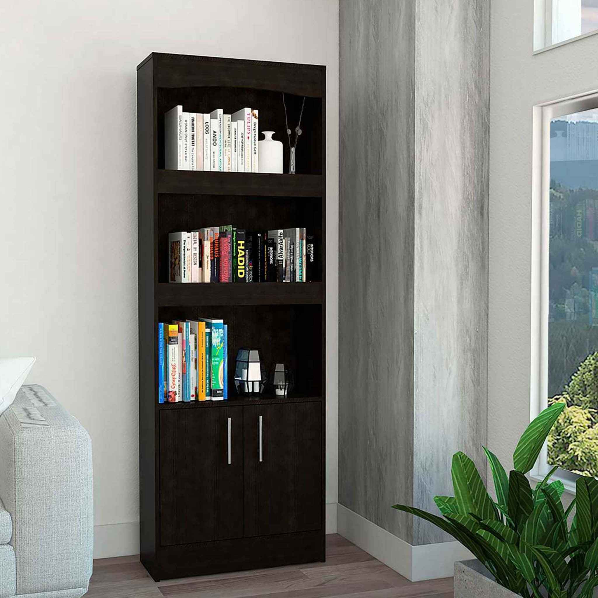 71" Light Gray Wood Three Tier Bookcase with Two Doors